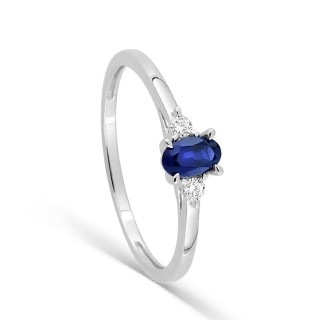 Anillo de oro blanco 9K con zafiro creado ovalado y diamantes creados 0,06 ct