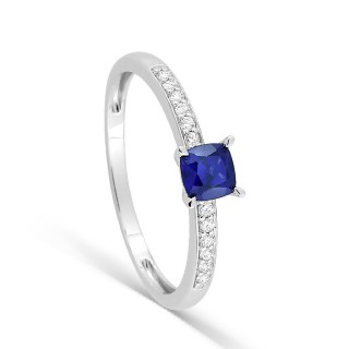 Anel em ouro branco 9K com safira criada lapidação almofada e diamantes criados 0,08 ct