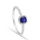 Anel em ouro branco 9K com safira criada lapidação almofada e diamantes criados 0,08 ct