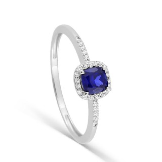 Anel em ouro branco 9K com safira criada lapidação almofada e diamantes criados 0,08 ct