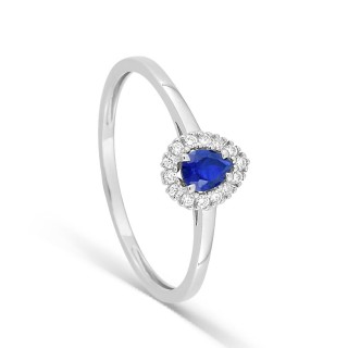 Anillo de oro blanco 9K con zafiro creado talla pera y diamantes creados 0,07 ct