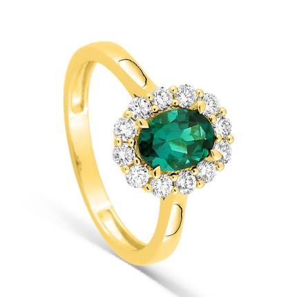 Anel em ouro amarelo 9K com esmeralda criada oval e diamantes criados 0,40 ct