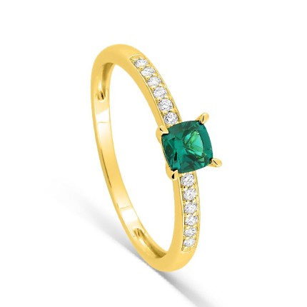 Anel em ouro amarelo 9K com esmeralda criada lapidação almofada e diamantes criados 0,08 ct