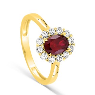 Anel em ouro amarelo 9K com rubi criado oval e diamantes criados 0,40 ct