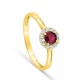 Anillo de oro amarillo 9K con rubí creado redondo y diamantes creados 0,13 ct