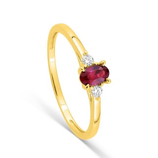 Anillo de oro amarillo 9K con rubí creado ovalado y diamantes creados 0,06 ct