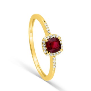 Anel em ouro amarelo 9K com rubi criado lapidação almofada e diamantes criados 0,08 ct