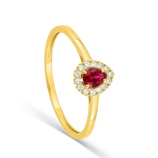 Anel em ouro amarelo 9K com rubi criado lapidação pera e diamantes criados 0,07 ct