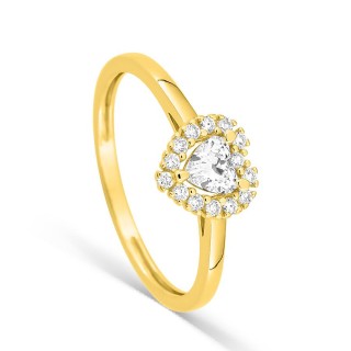 Anel solitário em ouro amarelo 9K com diamante coração 0,29 ct e halo