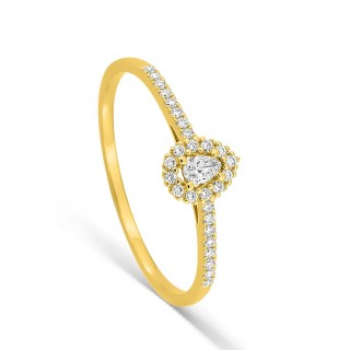 Anel em ouro amarelo 9K com diamantes criados 0,16 ct e centro lapidação pera em halo