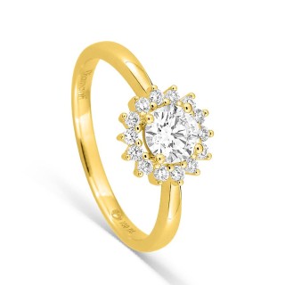 Anel em ouro amarelo 18K com diamantes criados 0,68 ct e centro de 0,50 ct em halo