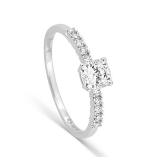 Anillo solitario acompañado de oro blanco 18K con diamantes creados 0,63 ct talla cojín