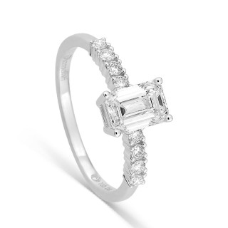 Anel solitário acompanhado em ouro branco 18K com diamantes criados 1,21 ct lapidação esmeralda