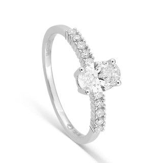 Anillo solitario acompañado de oro blanco 18K con diamantes creados 0,85 ct talla ovalada