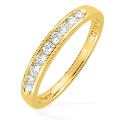 Meia aliança em ouro amarelo 18K com 9 diamantes criados 0,35 ct em cravação carril