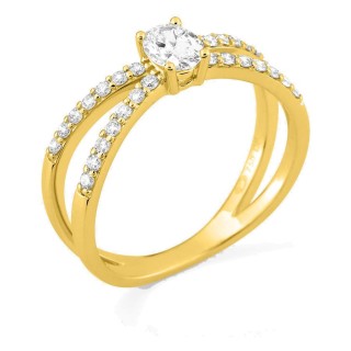 Anel solitário acompanhado em ouro amarelo 18K com diamantes criados 0,58 ct e duas fileiras