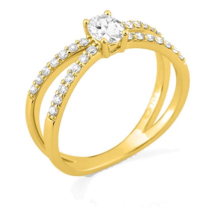 Anel solitário acompanhado em ouro amarelo 18K com diamantes criados 0,58 ct e duas fileiras