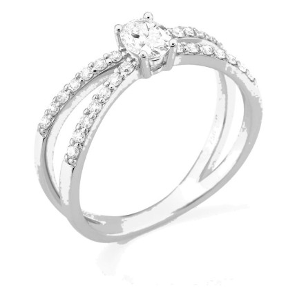 Anillo solitario acompañado de oro blanco 18K con diamantes creados 0,58 ct y dos hileras