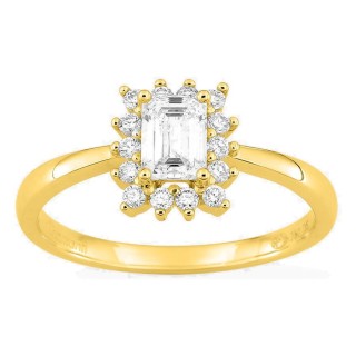 Anel em ouro amarelo 18K com diamantes criados 0,68 ct e centro lapidação esmeralda 0,50 ct