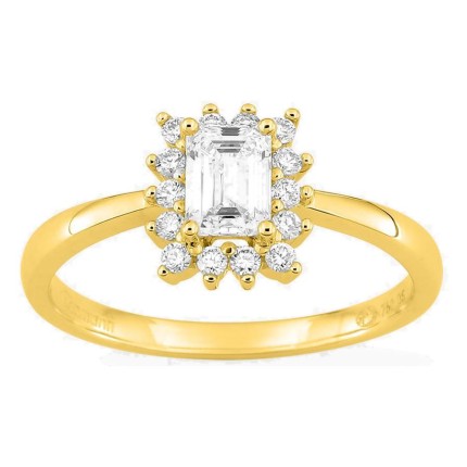 Anillo de oro amarillo 18K con diamantes creados 0,68 ct y centro talla esmeralda 0,50 ct