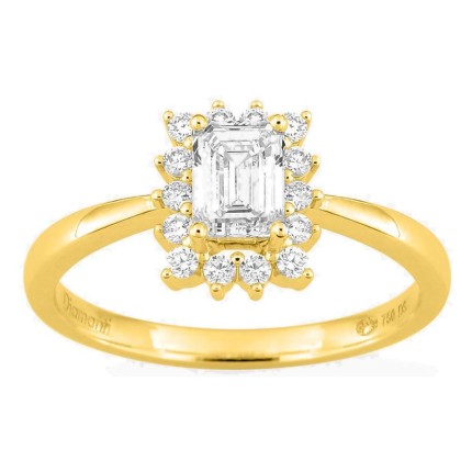 Anel em ouro amarelo 18K com diamantes criados 0,91 ct e centro lapidação esmeralda 0,70 ct