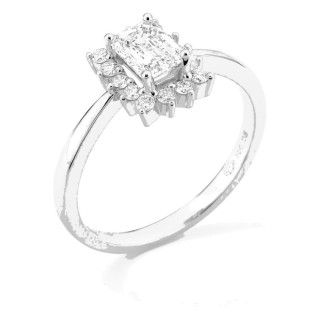 Anel em ouro branco 18K com diamantes criados 0,91 ct e centro lapidação esmeralda 0,70 ct
