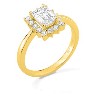 Anel em ouro amarelo 18K com diamantes criados 1,31 ct e centro lapidação esmeralda 1,00 ct