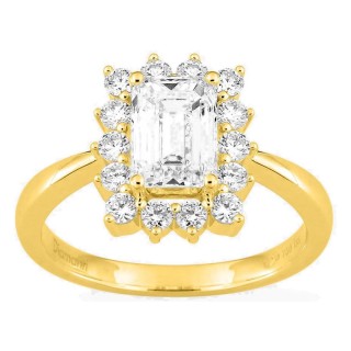 Anel em ouro amarelo 18K com diamantes criados 1,96 ct e centro lapidação esmeralda 1,50 ct