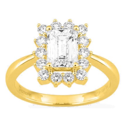 Anillo de oro amarillo 18K con diamantes creados 1,96 ct y centro talla esmeralda 1,50 ct