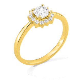 Anillo de oro amarillo 18K con diamantes creados 0,67 ct y centro talla cojín 0,50 ct