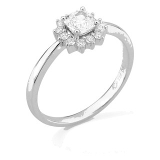 Anel em ouro branco 18K com diamantes criados 0,67 ct e centro lapidação almofada 0,50 ct