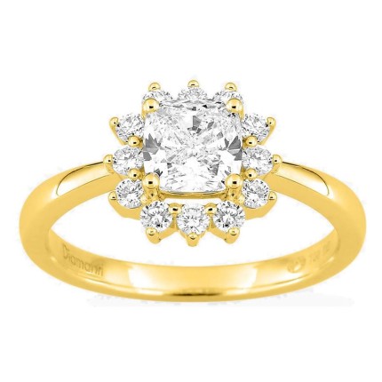 Anel em ouro amarelo 18K com diamantes criados 1,31 ct e centro lapidação almofada 1,00 ct