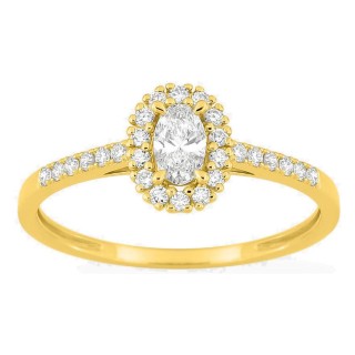 Anillo de oro amarillo 9K con diamantes creados 0,38 ct y centro ovalado 0,20 ct en halo