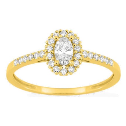 Anel em ouro amarelo 9K com diamantes criados 0,38 ct e centro oval 0,20 ct em halo