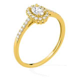 Anillo de oro amarillo 9K con diamantes creados 0,38 ct y centro ovalado 0,20 ct en halo