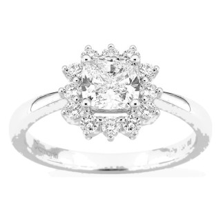 Anillo de oro blanco 18K con diamantes creados 1,31 ct y centro talla cojín 1,00 ct