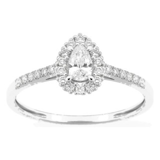 Anillo de oro blanco 9K con diamantes creados 0,38 ct y centro de talla pera 0,19 ct en halo