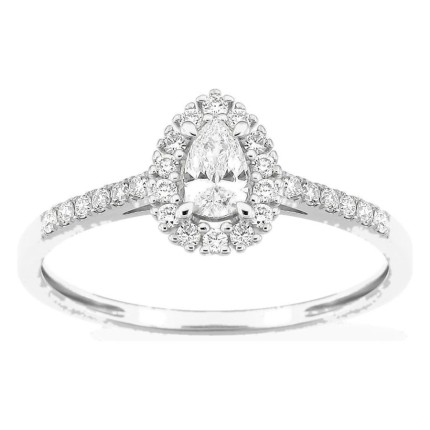 Anel em ouro branco 9K com diamantes criados 0,38 ct e centro de lapidação pera 0,19 ct em halo