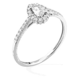 Anillo de oro blanco 9K con diamantes creados 0,38 ct y centro de talla pera 0,19 ct en halo