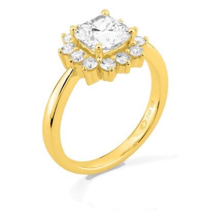 Anillo de oro amarillo 18K con diamantes creados 2,00 ct y centro talla cojín 1,50 ct