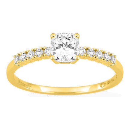 Anillo solitario acompañado de oro amarillo 18K con diamantes creados 0,63 ct talla cojín