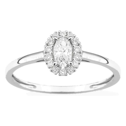 Anel em ouro branco 9K com diamantes criados 0,30 ct e centro oval 0,20 ct em halo