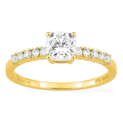 Anillo solitario acompañado de oro amarillo 18K con diamantes creados 0,85 ct talla cojín