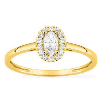 Anel em ouro amarelo 9K com diamantes criados 0,30 ct e centro oval 0,20 ct em halo