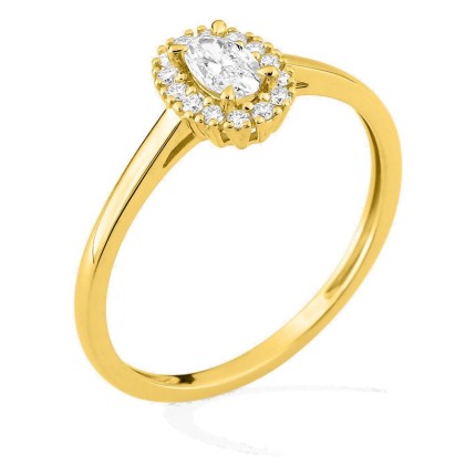 Anillo de oro amarillo 9K con diamantes creados 0,30 ct y centro ovalado 0,20 ct en halo