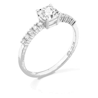 Anillo solitario acompañado de oro blanco 18K con diamantes creados 0,85 ct talla cojín