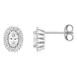Brincos de pressão em ouro branco 9K com diamantes criados 0,60 ct e centro oval em halo