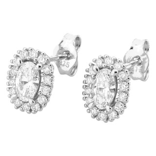 Pendientes de botón de oro blanco 9K con diamantes creados 0,60 ct y centro ovalado en halo