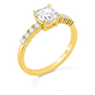 Anillo solitario acompañado de oro amarillo 18K con diamantes creados 1,21 ct talla cojín