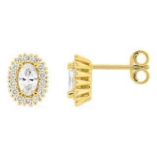 Pendientes de botón de oro amarillo 9K con diamantes creados 0,60 ct y centro ovalado en halo